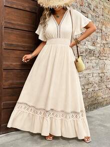 Breezaya Plus Size Women's Water-Soluble Lace Jacquard Romantic Fashion Dress, Versatile For Dating, Daily Wear, Commuting, Vacation, Suitable For Spring And Summer - Apricot - View 6