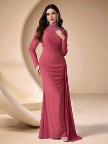 Coutiva Damen Abendkleid mit Stehkragen und Kunstperle, Kleid für Hochzeitsgäste, Partykleid, Abendkleid - Pink - Übersicht 4