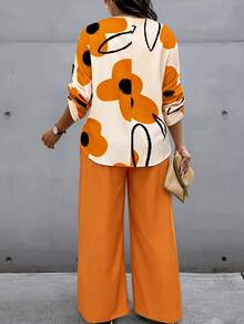 SHEIN LUNE Atasan Wanita Ukuran Besar untuk Musim Gugur/Dingin dengan Motif Bunga dan Celana Warna Polos, Setelan Kasual Serasi untuk Musim Gugur - MultiWarna - View 2