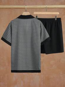 VENTUSAIL 男士全印花單排扣短袖襯衫與短褲休閒日常套裝，度假風 - 黑與白 - 查看 2