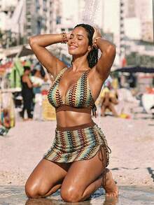 Swim Vcay Plus Size Women Summer Beach Patchwork Bikini Top And Triangle Bottoms Swimwear Set - Multicolor - View 5