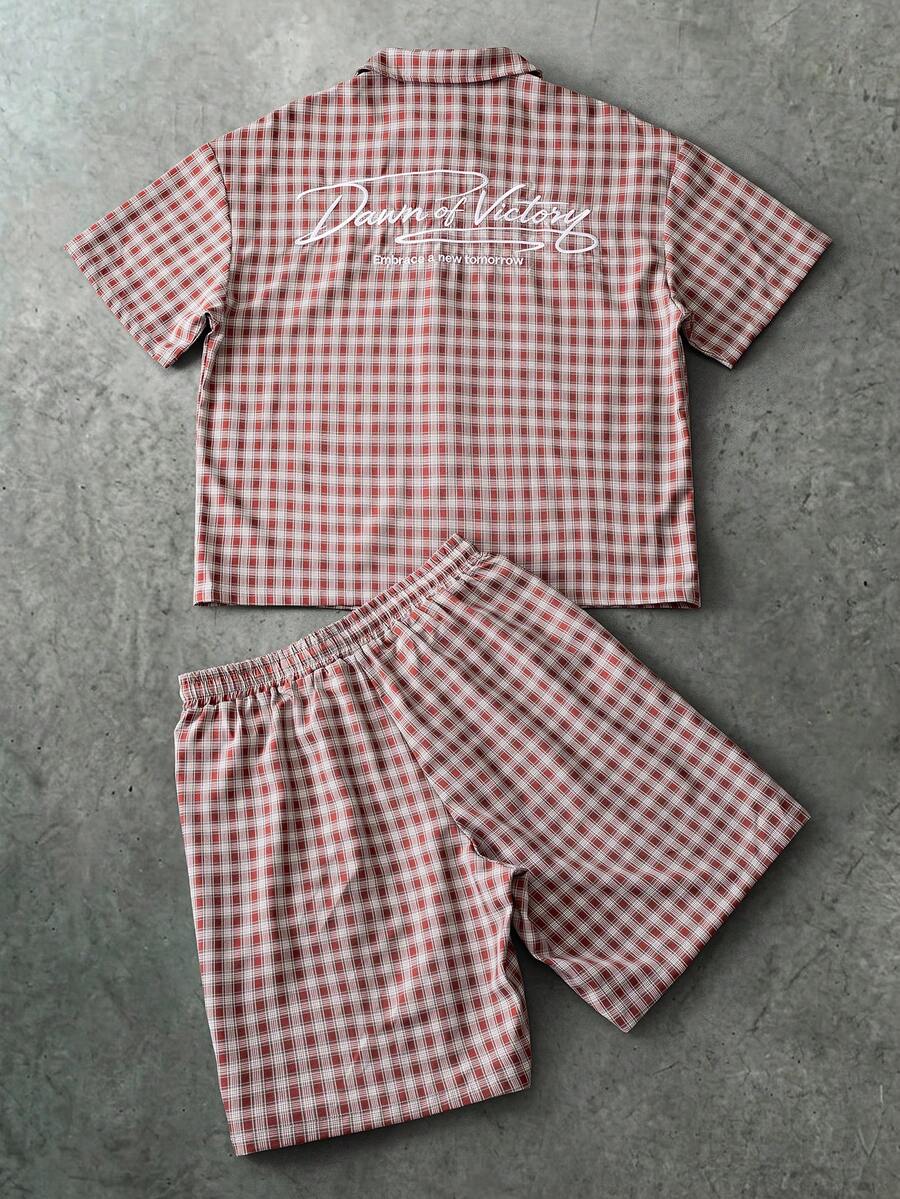 PAVTROS Men's Letter Embroidery Plaid Pattern Short Sleeve Shirt And Shorts Set - Multicolor - View 1