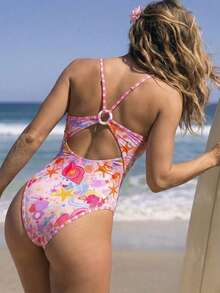 SHEIN Swim Women's Ocean Starfish Fresh High Saturation Dopamine Summer Energetic Print One-Piece Swimsuit Sports Surfing Suit Slimming Backless Vacation Pink - Pink - View 6