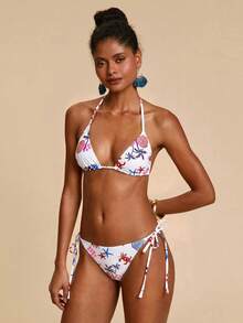 Travachic 女款夏季海灘度假印花掛脖三角比基尼上衣與側綁三角泳褲套裝 - 彩色 - 查看 3
