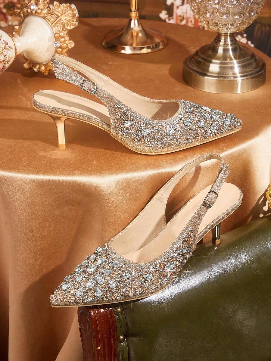 CUCCOO TILAWA Women's Fashion Electroplated And Glass Rhinestone Pointed Silver Women's High-Heeled Shoes, Suitable For Going Out, Banquets, Parties And Other Activities - Champagne - View 1