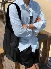 DAZY 男士長袖素色寬鬆版型襯衫 夏季 - 藍色 - 查看 7