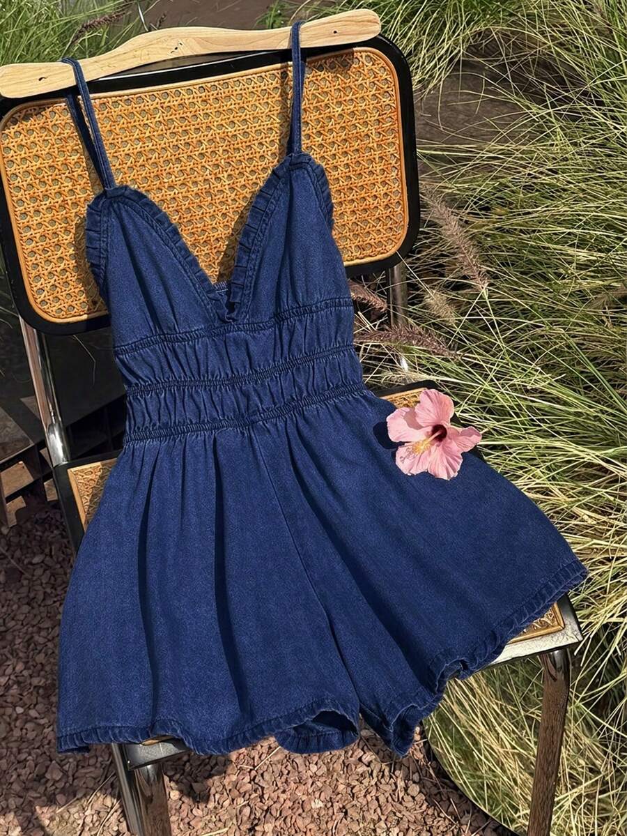 Comfortcana 女款夏季休閒度假日常通勤荷葉邊收腰吊帶牛仔連身褲 - 深色水洗藍 - 查看 1