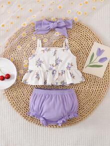 SHEIN 新生女宝宝夏季新款印花可爱三角连体衣套装，含发带 - 淡紫色 - 查看 7