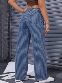Jeanoix 女士带口袋纽扣条纹休闲百搭日常牛仔裤 - 彩色 - 查看 2