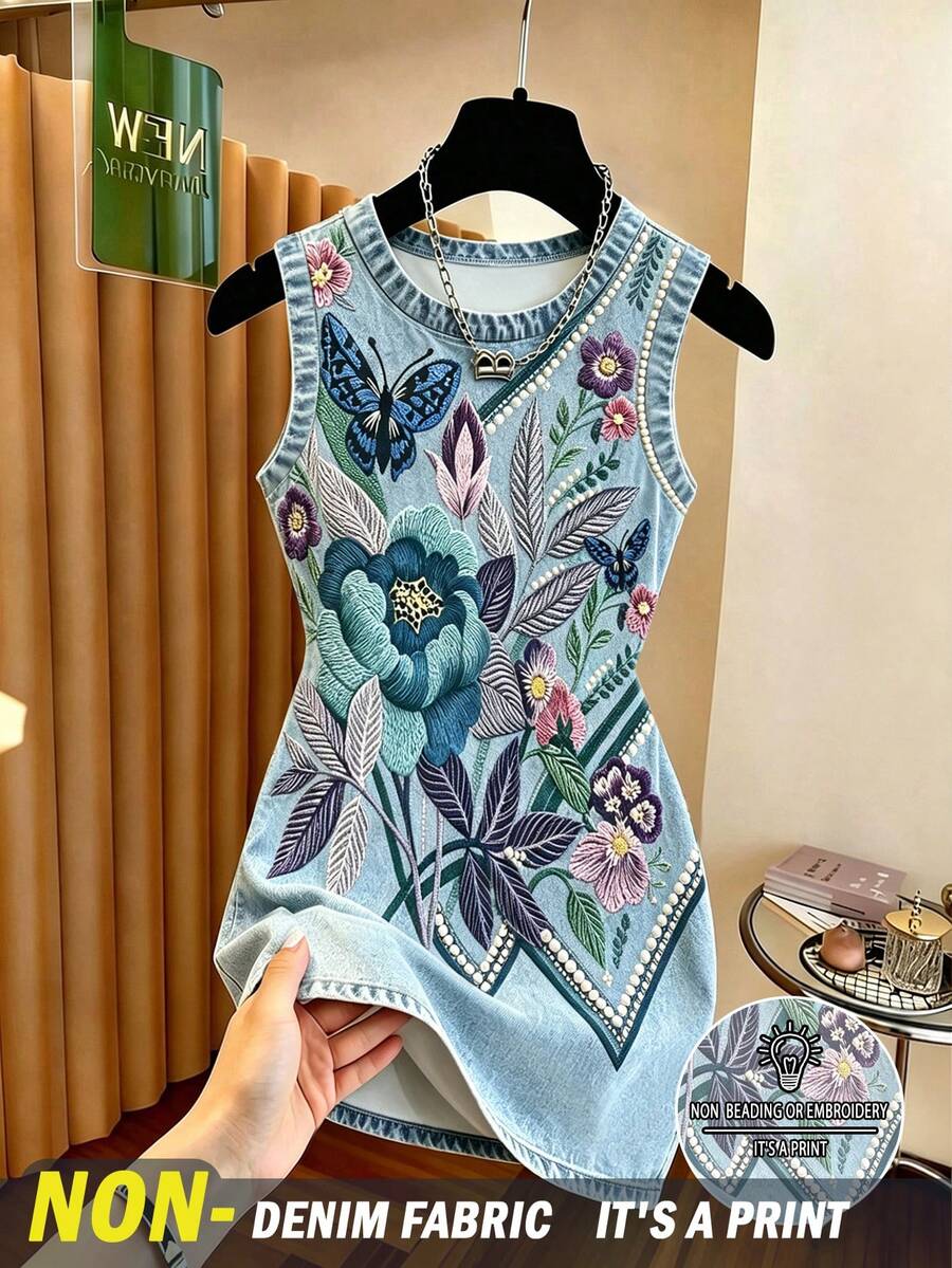 Resyla 女款中長版波希米亞風花卉蝴蝶背心洋裝,無袖圓領短洋裝,復古花卉蝴蝶修身無袖短洋裝 - 彩色 - 查看 1