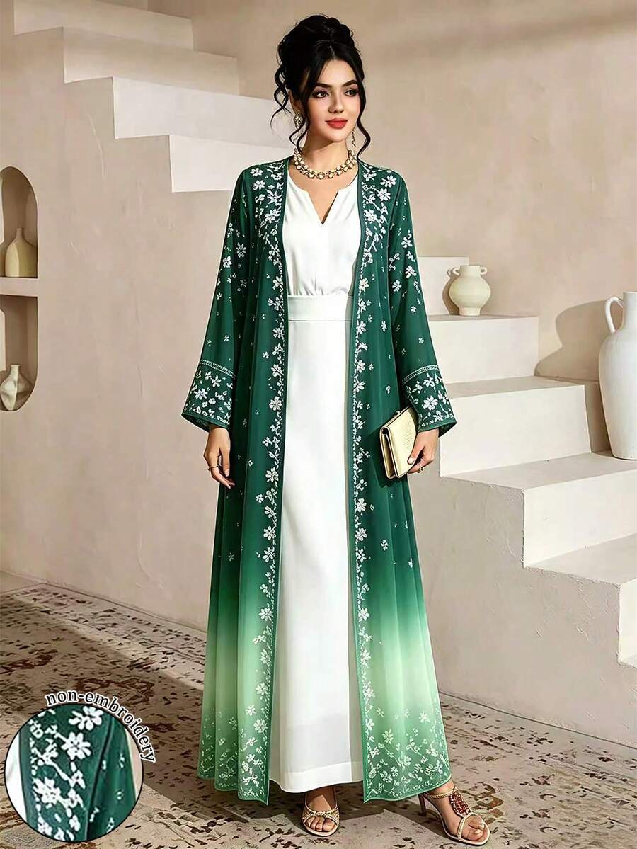 SHEIN Najma 白色花卉植物印花女款優雅保守阿拉伯式長袍,春秋時尚長袖開襟長外套,花卉圖案深綠漸層罩衫,阿拉伯風情服飾 - 彩色 - 查看 1
