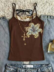 SHEIN EZwear 花卉串珠刺绣亮片休闲简约波西米亚风优雅浪漫复古棕蓝色花卉图案吊带背心，适合音乐节、海滩、度假、夏季外出穿着。 - 棕色 - 查看 3