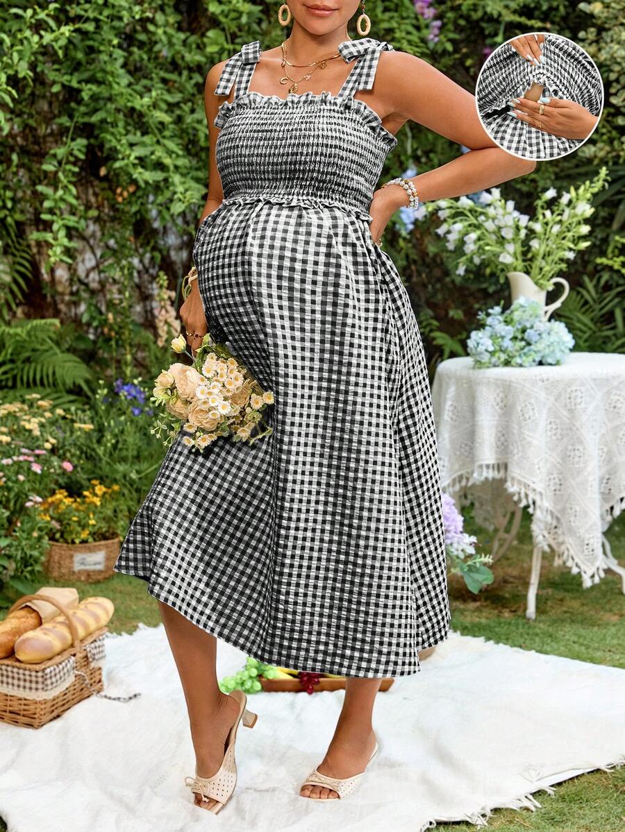 Lyckli Maternity Plaid Pattern Ruffle Pleated Bow Shoulder Strap Tank Dress Oktoberfest Breastfeeding Going Home Postpartum Summer Baby Shower Black - Black and White - View 1