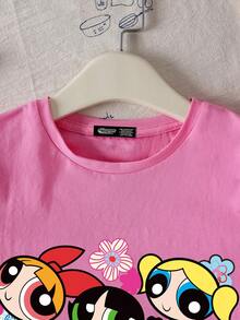 THE POWERPUFF GIRLS X SHEIN Tween Girl Casual Cartoon Print Round Neck Short Sleeve T-Shirt, Summer - Pink - View 3