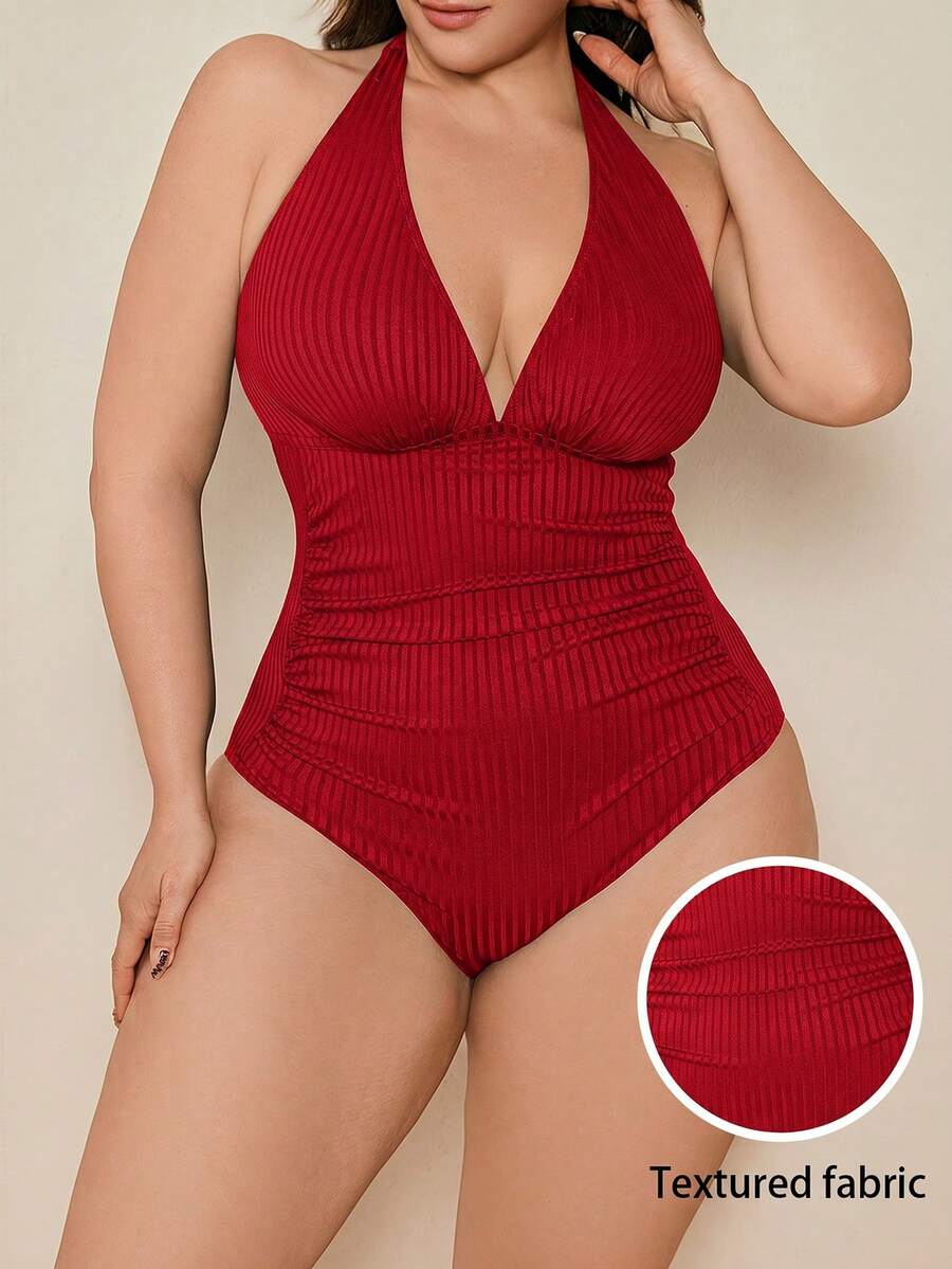 Swim Lushoire 3D紋理面料掛脖大尺碼女式一件式泳衣 - 白色 - 查看 1