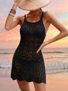 Swim Vcay Swim Chiccia 女款歐美純色海灘度假性感鏤空透視波西米亞風無袖針織罩衫短版吊帶洋裝 夏季新款優雅黑色極簡日常鉤編編織細肩帶海灘罩衫洋裝，女款海灘度假套裝，度假洋裝，適合度假、約會、下午茶、郵輪 - 黑色 - 查看 4