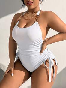 Swim Vcay Traje de baño de una pieza con cuello halter y cadena de metal de unicolor para mujer talla grande para vacaciones - Blanco - Ver 4
