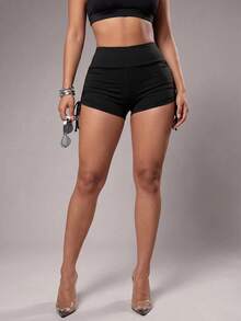 Pantalones cortos deportivos de pierna recta con bolsillo de parche y cordón negro para mujer - Negro - Ver 4
