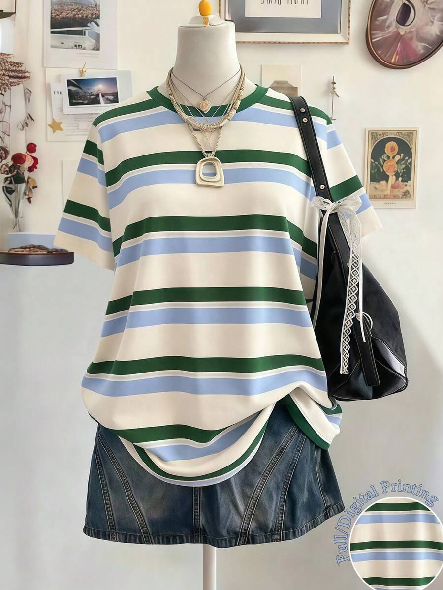 Teen Girl French Vintage Striped Digital Print T-Shirt, Summer New Round Neck Blue Green Color Block Fitted Short Sleeve Top, Versatile For Daily Wear - Multicolor - View 1