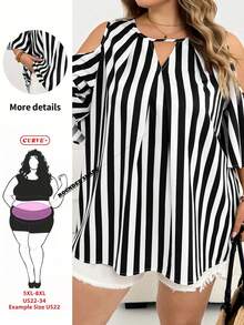 SHEIN CURVE+ 大尺碼女款度假休閒多功能露肩黑白條紋鏤空領襯衫，夏季度假上衣藍色碎花露肩襯衫，夏季 - 黑與白 - 查看 3
