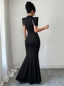 Elenzga Damen-Modekleid mit Stickerei, vielseitig, Froschknopf und Fischschwanz-Saum - Schwarz - Übersicht 2