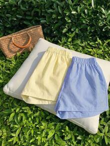 Tween Girl 2pcs/Set Casual Street Woven Striped Straight Leg Shorts - Multicolor - View 6