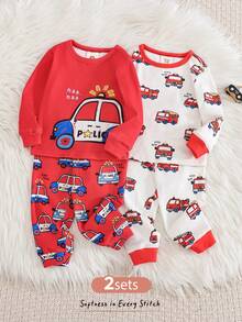 Cozy Pixies Piyama Bayi Laki-laki Pas Badan Motif Hewan Kartun Rajut Lembut Leher Bulat Lengan Pendek Atasan Pullover Pinggang Elastis Celana Pendek Pas Badan 2 Potong - Red and White - View 6