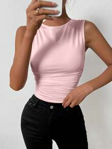 Allurite Solid Color Pleated Slim Fit Tank Top For Summer - Baby Pink - View 5