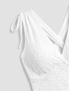 Sweetra CURVE Plus Size Women Deep V-Neck Ruched Elegant Cinched Waist Shoulder Swimsuit Dress Vacation Beach White Summer - White - View 5