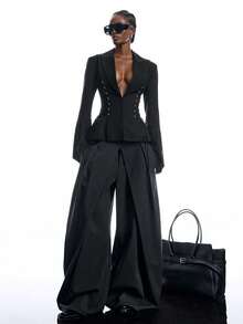 LYSMO Women's Fashionable Street Style Drawstring Tie-Up Elegant Blazer - Black - View 4