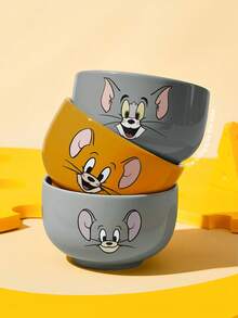 TOM & JERRY X SHEIN 經典貓鼠主題陶瓷碗，可愛角色印花穀物碗，沙拉/湯碗，適用於早餐與日常使用 - 灰色 - 查看 2