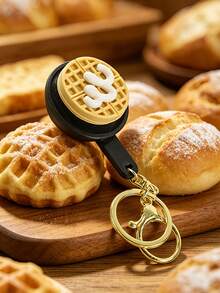 MINKOJA 1pc Realistic Miniature Pancake Keychain Fluffy With Frying Pan Base Golden Syrup Cream Butter Accent Decorative Food Charm Novelty Keyring For Backpack Purse Car Keys - Multicolor - View 3