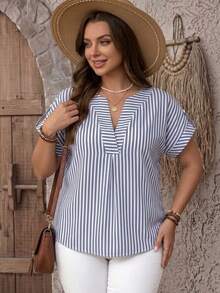 EMERY ROSE Plus Size Women's Striped Casual Vacation Top - Blue and White - View 3