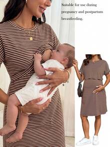 SHEIN 孕妇夏季休闲条纹哺乳连衣裙 - 棕色 - 查看 1