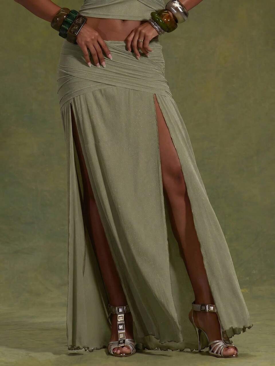 Green Slinky Crossover Front Ruched With Side Split Maxi Skirt
