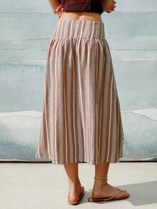 SHEIN Falda casual bohemia de mujer para otoño con lunares marrones y blancos, cintura alta, botones laterales y abertura, falda línea A, estilo bohemio para uso diario, vacaciones, playa y picnic - Caqui - Ver 2