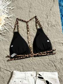 Swim Vcay 女款度假海灘豹紋金屬扣褶皺性感時尚泳衣上衣 - 黑色 - 查看 5