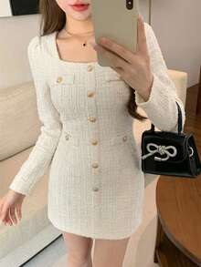 DAZY Vestido corto con cuello cuadrado y botones texturizados para mujer - Blanco - Ver 5