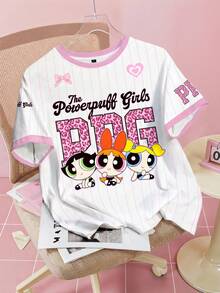 THE POWERPUFF GIRLS X SHEIN 女士字母卡通印花休闲圆领短袖T恤，夏季 - 白色 - 查看 1