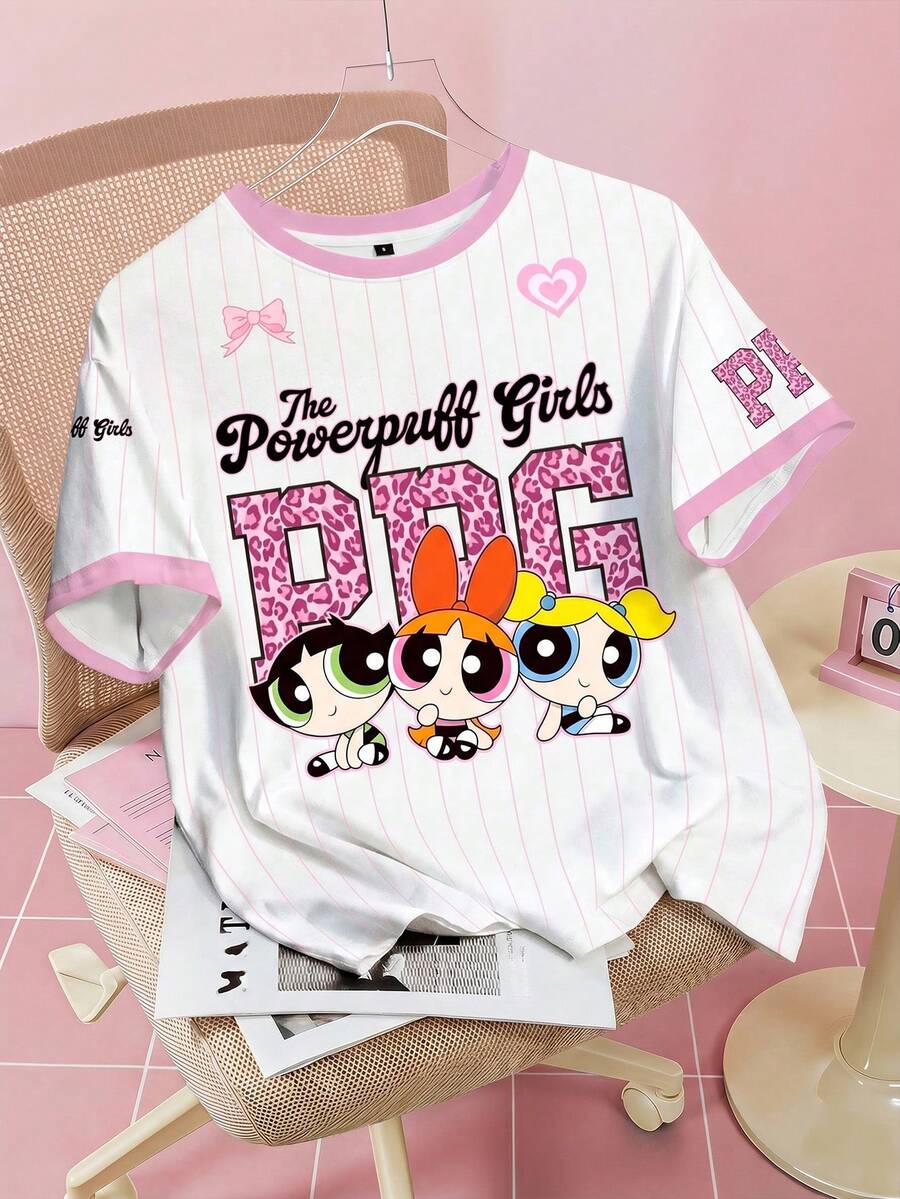 THE POWERPUFF GIRLS X SHEIN 女士字母卡通印花休闲圆领短袖T恤,夏季 - 白色 - 查看 1