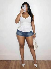 Slaydiva Plus Size Women Solid Color Pleated Slim Fit Versatile Casual Daily Top Bussines Lounge White Summer - White - View 5