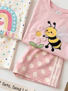 Cute 3D Rainbow Colorful Polka Dot Pattern, Young Girls Simple Casual Loose Top And Shorts 2-Piece Set Suitable For Spring/Summer Daily, Homecoming, Back To School, Cute Vibes, Chill Chill - Multicolor - View 6