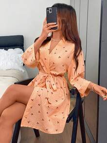 Napfluff Women's Casual Cherry Plaid Print Open Front Robe - Orange - View 6