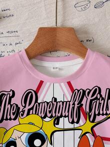 THE POWERPUFF GIRLS X SHEIN Young Girl Color Block Striped Star Cartoon Print T-Shirt - White - View 3
