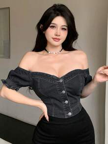 DAZY 女款夏季方領花瓣袖深灰色街頭度假音樂節收腰修身短版牛仔上衣露肩上衣 - 黑色 - 查看 4