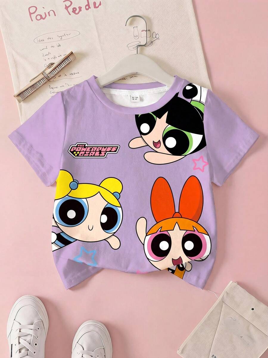 THE POWERPUFF GIRLS X SHEIN 女童休闲卡通印花T恤，夏季 - 白色 - 查看 1