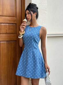 Siren Gaze Women's Polka Dot Pattern Round Neck Casual Sleeveless Denim Dress Vacation Casual Business Elegant Festival Party Going Out Graduation Polka Dot - Blue - View 5