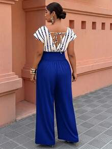 Weeklong Women's Plus Size Spring/Summer Commuter Casual Vacation Minimalist Commuter Date 2 In 1 Patchwork High Waist Straight Leg Dropped Shoulder Knit Jumpsuit - Multicolor - View 2