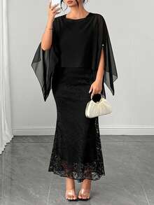 Elenzga Plus Size Women's Cape Sleeve Lace Mermaid Hem Elegant Dress - Black - View 6