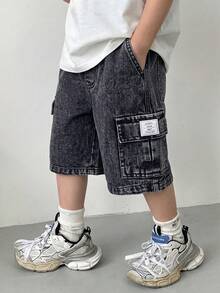 SHEIN 小男孩街頭風休閒純色3D工裝大口袋寬鬆舒適彈性腰短褲 百搭下著 適合學校、生日派對、派對、表演、婚禮、洗禮、開學、日常、旅行、運動、春夏季 - 黑色 - 查看 4